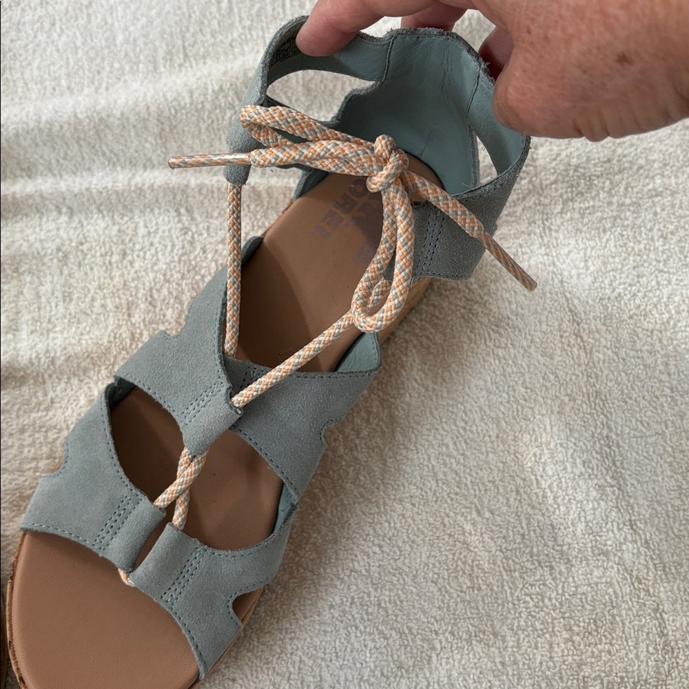Sorel Women's Sandals in light blue with ankle strap/tie. Cork wedge 2.5” heel. - Picture 5 of 6